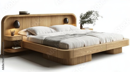 Modern bedroom design featuring natural wood elements and serene mountain vie...