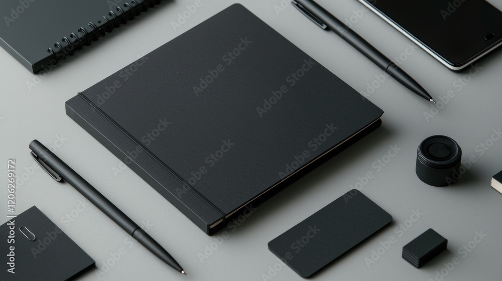 Flat lay of various stationery items arranged on a light grey background. there are two black notebooks, a black pen, a smartphone, a small black business card, a camera lens, and a black eraser.