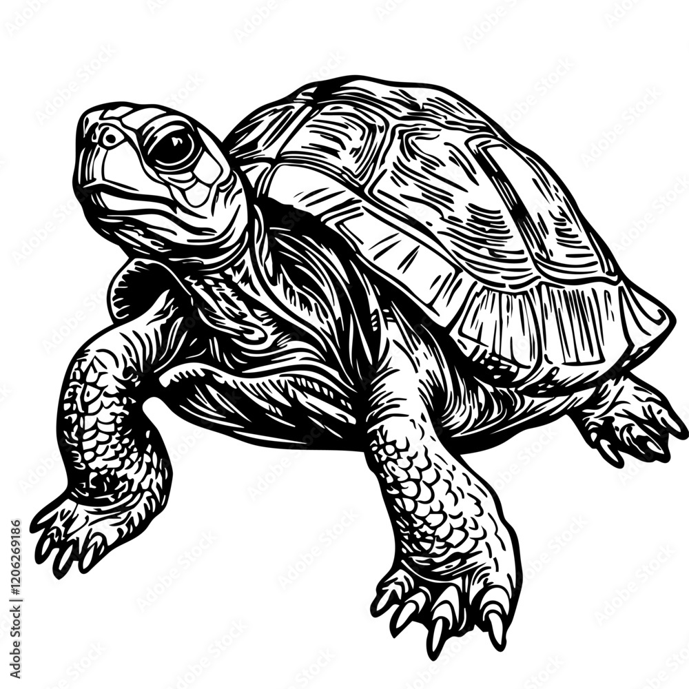 Fototapeta premium Intricate Line Drawing, A Detailed Monochrome Illustration of Turtle with Elegant Textures, Fine Details, no Background