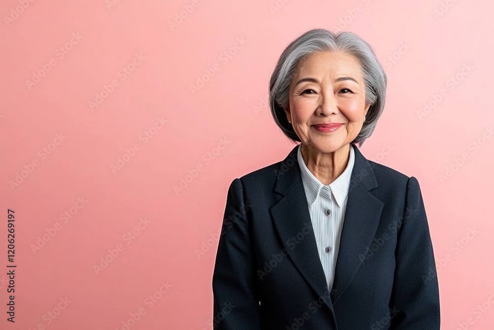 portrait cheerful senior asian businesswoman wearing black suit on pastel pink background with copy space portrait cheerful senior asian businesswoman wearing black suit on pastel pink background with copy space