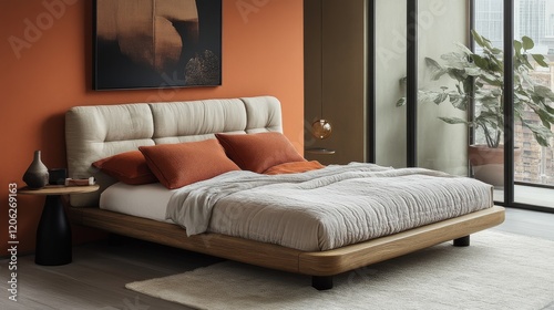 Modern minimalist bedroom with natural light and wooden elements in a serene ...