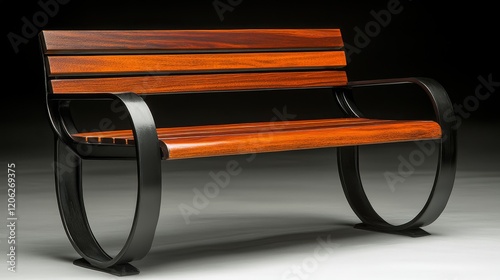 Unique modern wooden bench in a garden setting with lush greenery and contemp...