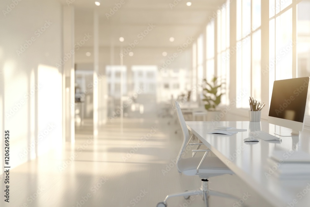 Modern Minimalist Office Workspace: Sunlight Streaming Through Large Windows Modern Minimalist Office Workspace: Sunlight Streaming Through Large Windows