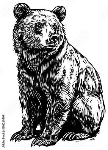 Realistic Hand-Drawn Sketch, Monochrome Illustration of Brown Bear, Background Removed, Vector Artwork