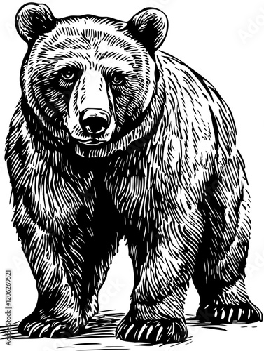 Realistic Hand-Drawn Sketch, Monochrome Illustration of Brown Bear, Background Removed, Vector Artwork