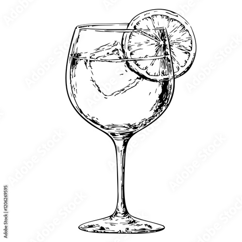 Realistic Hand-Drawn Sketch, Monochrome Illustration of Hand Drawn Illustration of Gin and Water in Wine, no Background, Vector Artwork 