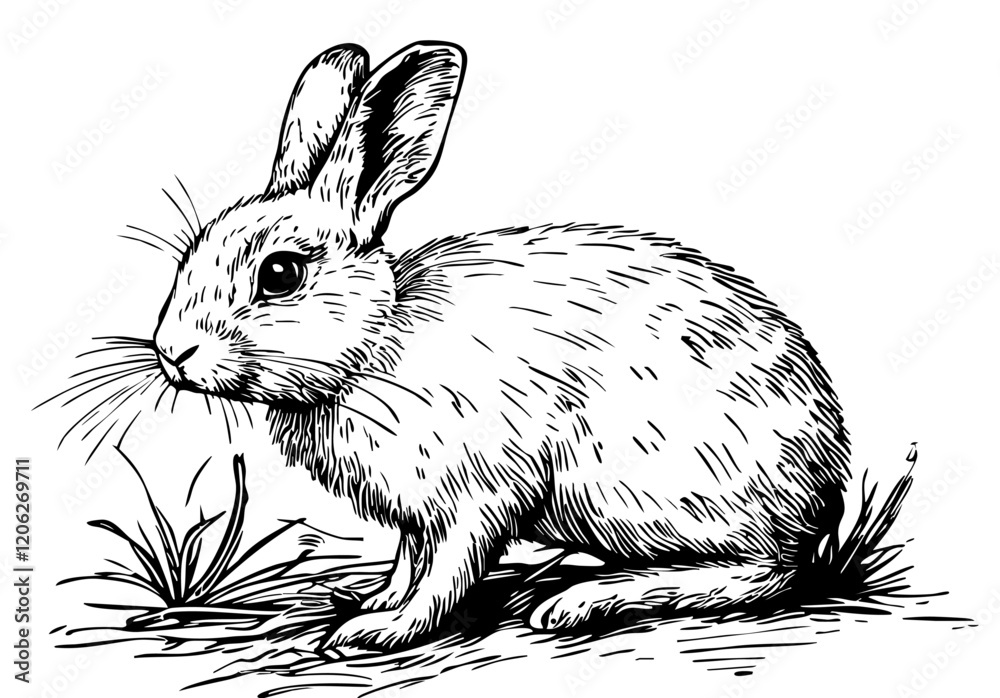 Realistic Hand-Drawn Sketch, Monochrome Illustration of Rabbit, Background Removed, Vector Artwork Realistic Hand-Drawn Sketch, Monochrome Illustration of Rabbit, Background Removed, Vector Artwork