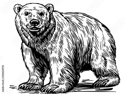 Realistic Hand-Drawn Sketch, Monochrome Illustration of Polar Bear, Background Removed, Vector Artwork 