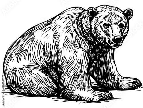 Realistic Hand-Drawn Sketch, Monochrome Illustration of Polar Bear, Background Removed, Vector Artwork 