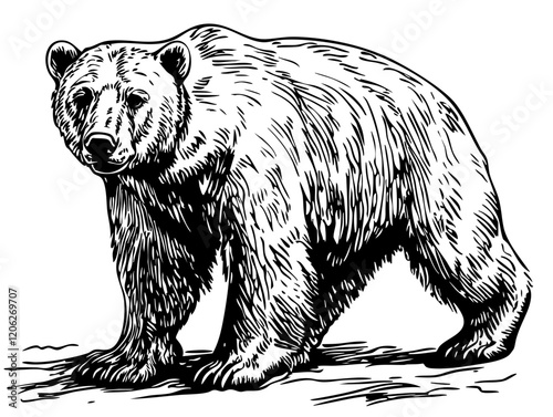 Realistic Hand-Drawn Sketch, Monochrome Illustration of Polar Bear, Background Removed, Vector Artwork 