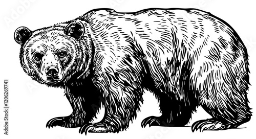 Vintage Hand-Drawn Line Art, Monochrome Sketch of Brown Bear, Clear Background, Vector Illustration
