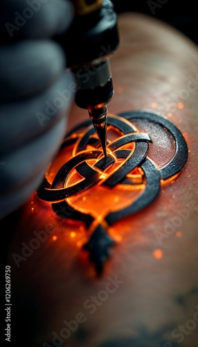 Extreme close-up of a Celtic knot tattoo being created, highlighting the intricate pattern glowing in vibrant orange against dark shadows. The image captures the precise artistry of the tattooing proc photo