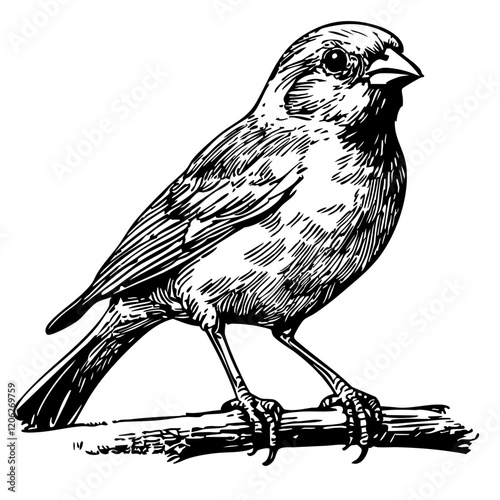 Vintage Hand-Drawn Line Art, Monochrome Sketch of Canary Bird, Clear Background, Vector Illustration