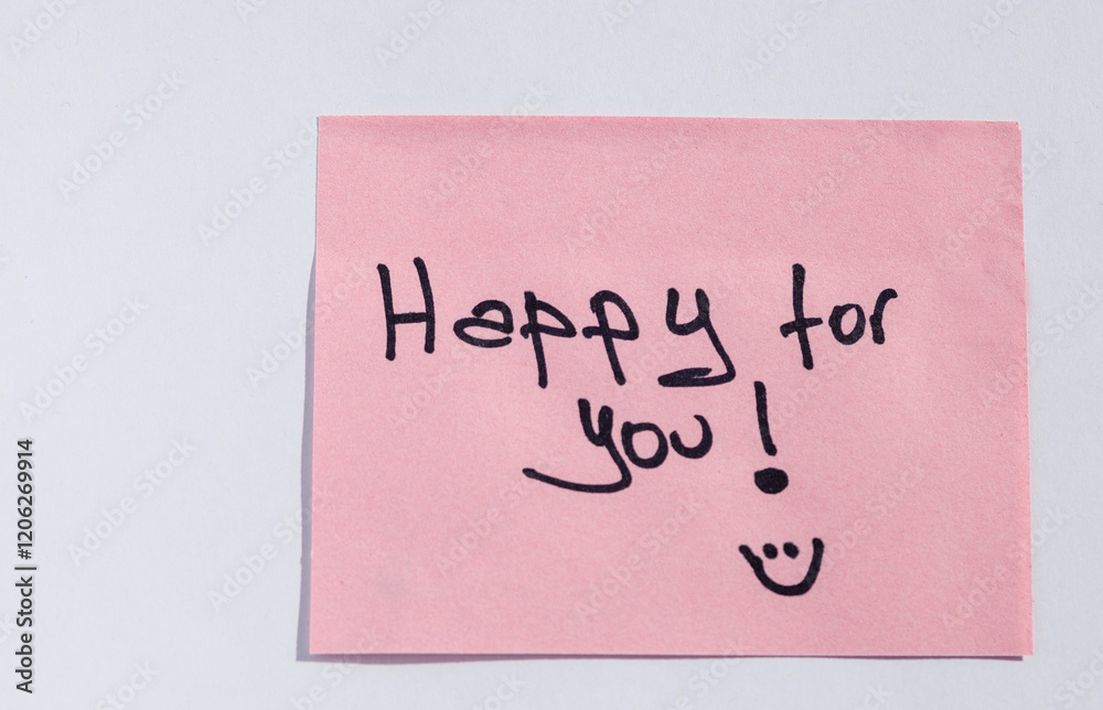 Pink sticky note with handwritten 'Happy for You!' message Pink sticky note with handwritten 'Happy for You!' message