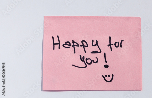 Pink sticky note with handwritten 'Happy for You!' message photo