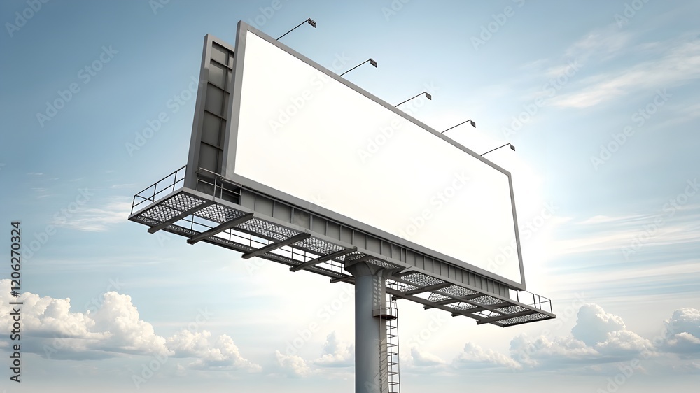 blank billboard on a sky, A large, blank billboard is positioned against a clear, light-blue sky with scattered white clouds. The billboard is rectangular and entirely white, with a gray metal frame blank billboard on a sky, A large, blank billboard is positioned against a clear, light-blue sky with scattered white clouds. The billboard is rectangular and entirely white, with a gray metal frame