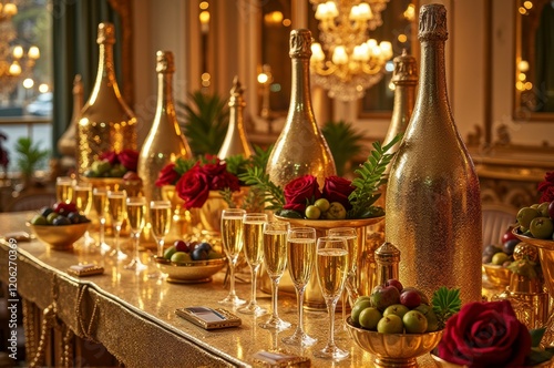 Luxurious champagne celebration with golden bottles and red roses in elegant setting photo