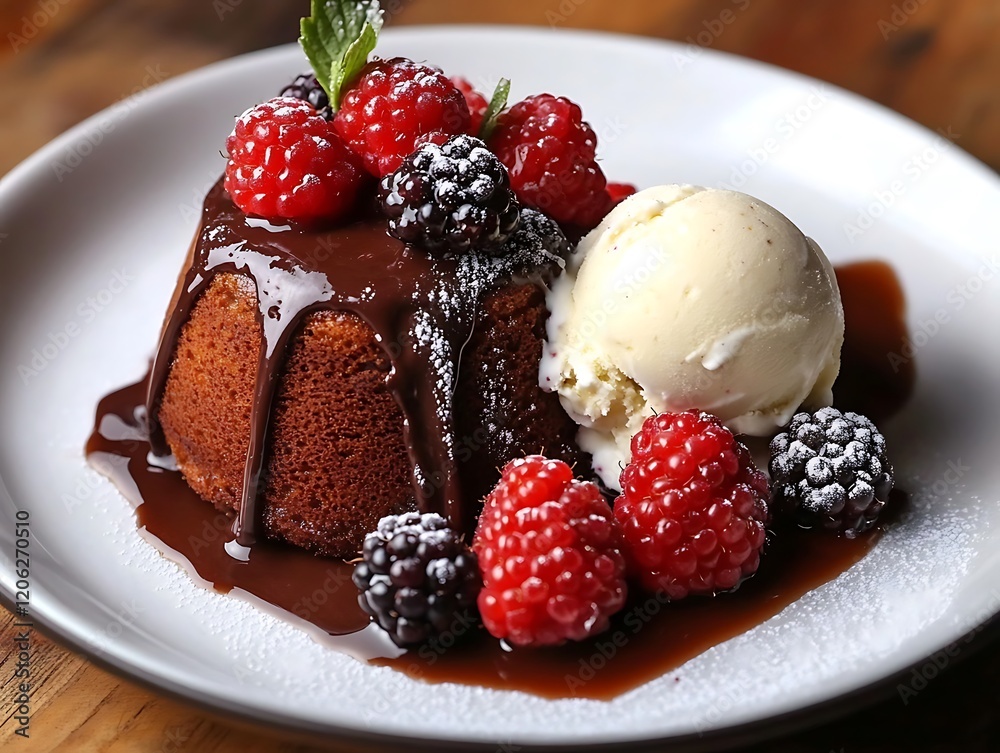 Gourmet dessert of chocolate lava cake served with fresh berries and vanilla ice cream Gourmet dessert of chocolate lava cake served with fresh berries and vanilla ice cream