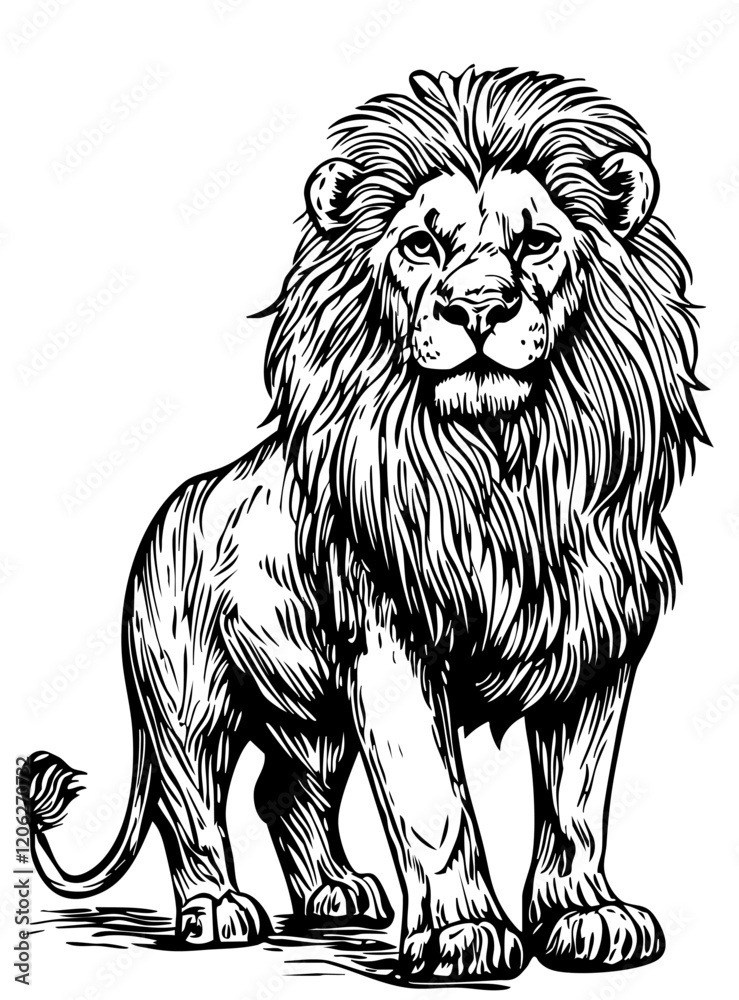 Obraz premium Artistic Monochrome Sketch Illustration, Lion Detailed Drawing, Isolated with No Background, Vector Graphic