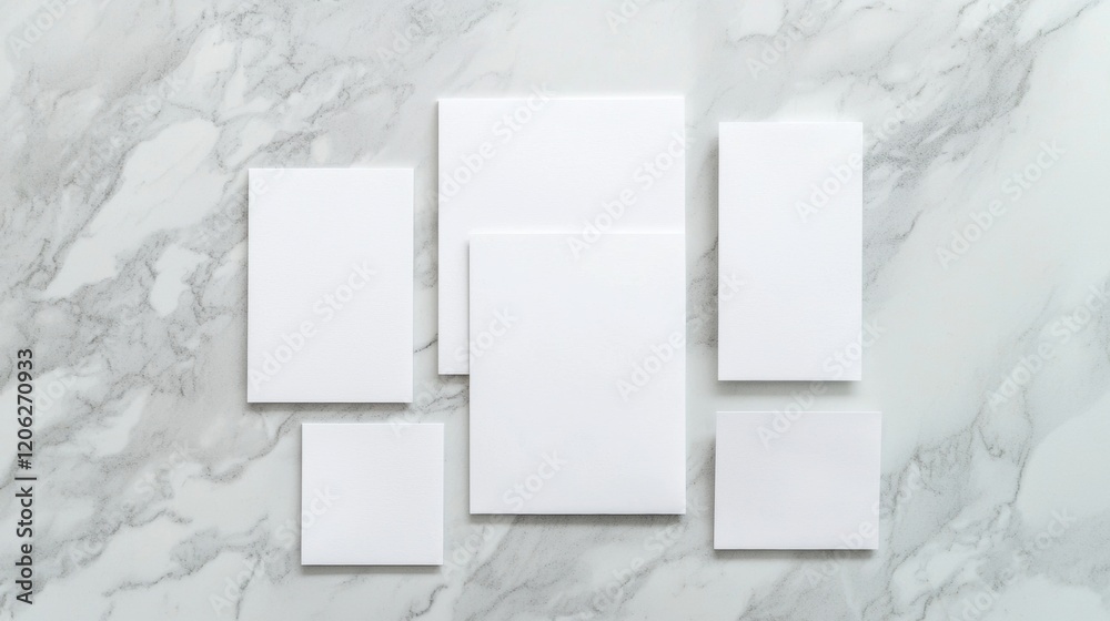 Group of five blank white cards arranged in a horizontal line on a white marble surface. Group of five blank white cards arranged in a horizontal line on a white marble surface.
