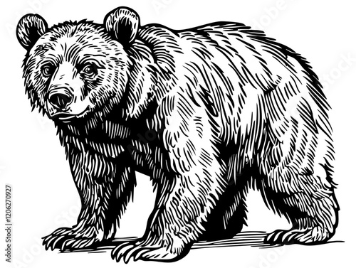 Detailed Hand-Drawn Sketch Illustration, Brown Bear in Monochrome Art, Transparent Background, Vector File