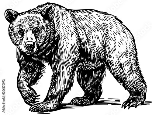 Detailed Hand-Drawn Sketch Illustration, Brown Bear in Monochrome Art, Transparent Background, Vector File