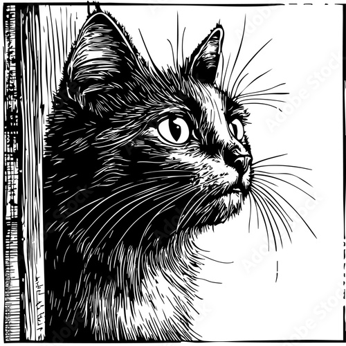 Detailed Hand-Drawn Sketch Illustration, Cat in Monochrome Art, Transparent Background, Vector File 