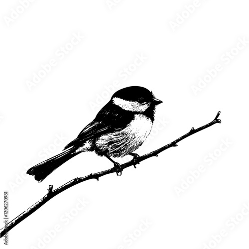 Detailed Hand-Drawn Sketch Illustration, Chickadee in Monochrome Art, Transparent Background, Vector File
