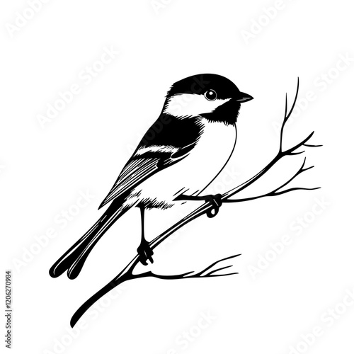 Detailed Hand-Drawn Sketch Illustration, Chickadee in Monochrome Art, Transparent Background, Vector File
