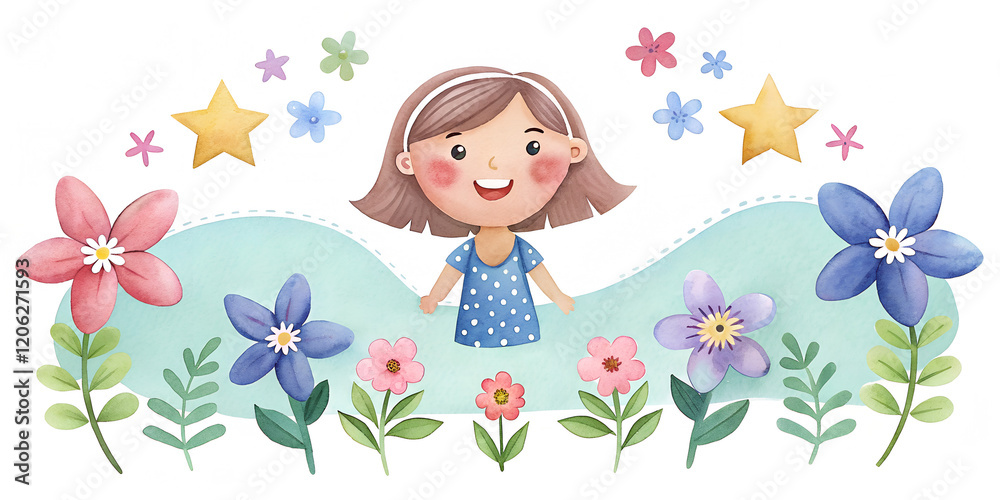 Delightful illustration depicting a happy girl surrounded by colorful flowers and whimsical stars in a cheerful garden setting Delightful illustration depicting a happy girl surrounded by colorful flowers and whimsical stars in a cheerful garden setting