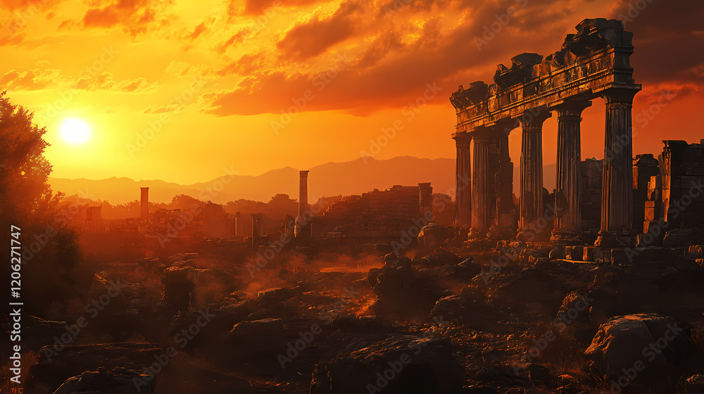 Fototapeta premium Ancient ruins of the legendary city of troy under a dramatic sunset, with crumbled walls and columns from an epic past. Ancient Ruins. Illustration
