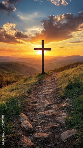 Sunset over hills with a cross standing along a winding path in serene nature