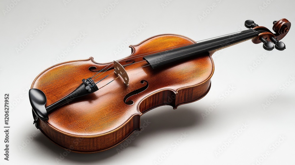 Fototapeta premium This image features a beautifully crafted violin with rich wood tones placed gracefully against a plain white background, evoking the spirit of classical music and artistry.