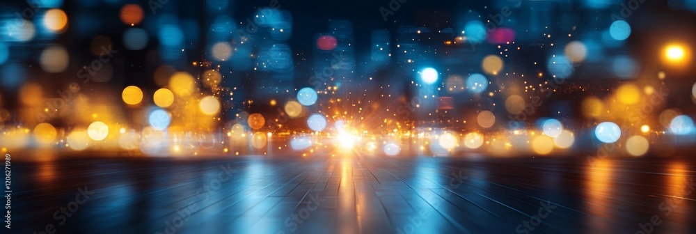 Obraz premium Blurred City Lights At Night, Abstract Background With Orange And Blue Bokeh Effect On Wet Asphalt