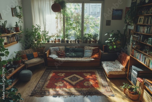 Cozy living room filled with plants and natural light in a bright urban apart...