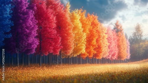 A row of vividly colored trees, each with rainbow foliage, stretching into the horizon under a blue sky, symbolizing diversity and beauty in nature's art. photo