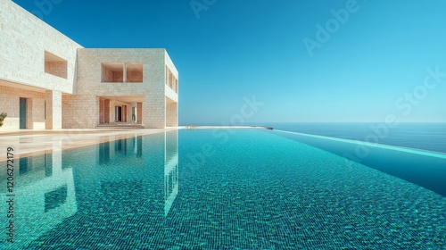 Stunning modern villa with infinity pool overlooking the ocean on a clear day