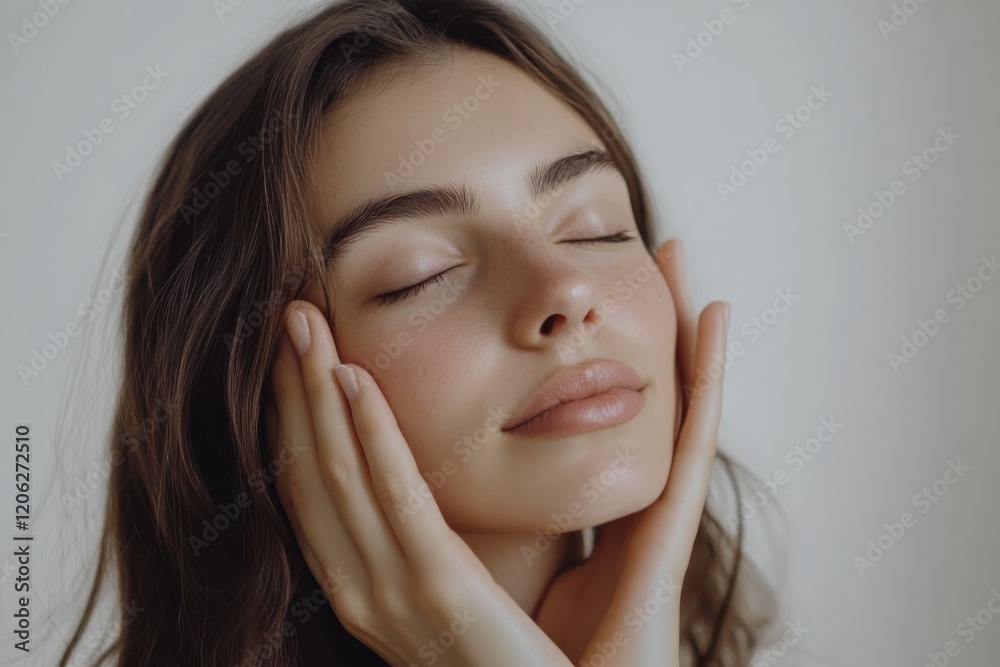 Young beautiful female with closed eyes applying face cream to face as part of morning routine. Young beautiful female with closed eyes applying face cream to face as part of morning routine.