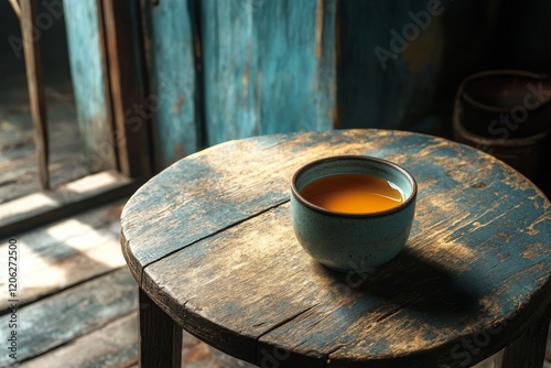 Warm cup of tea resting on a rustic wooden table in a cozy, sunlit room
