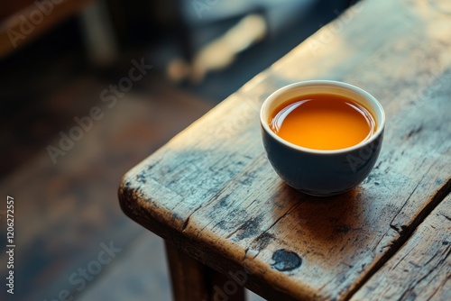 Warm cup of tea resting on a rustic wooden table in a cozy, sunlit room