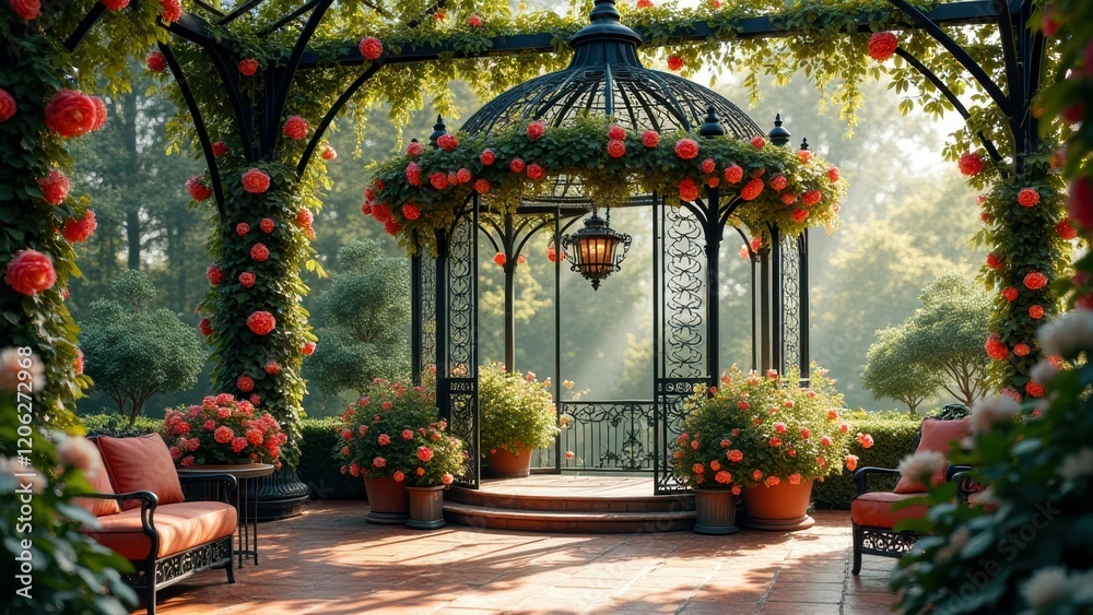 Fototapeta premium Elegant garden gazebo with ironwork pavilion and blooming roses in morning light