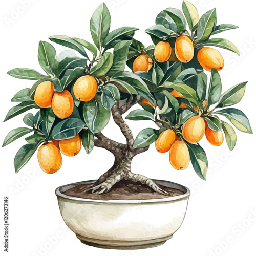 A watercolor of a Loquat bonsai, isolated on a white background. Loquat Bonsai vector.
