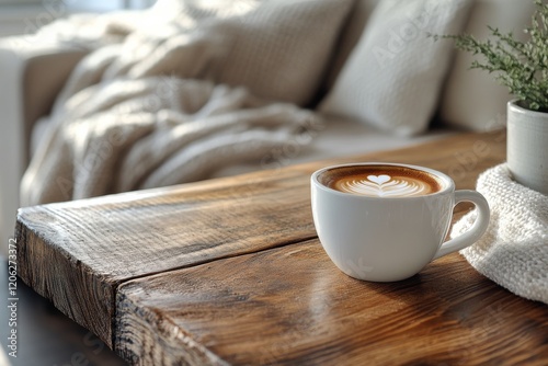Coffee with latte art and cookie on wooden table in cozy cafe setting