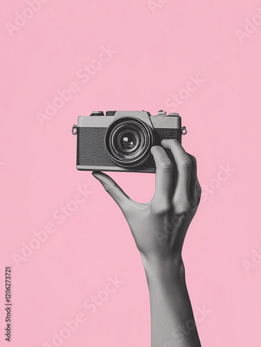 Poster. Contemporary art collage. Hand holds retro photo camera in monochrome filter against pink background. Concept of art, vintage things, mix old and modernity. Copy space for ad	