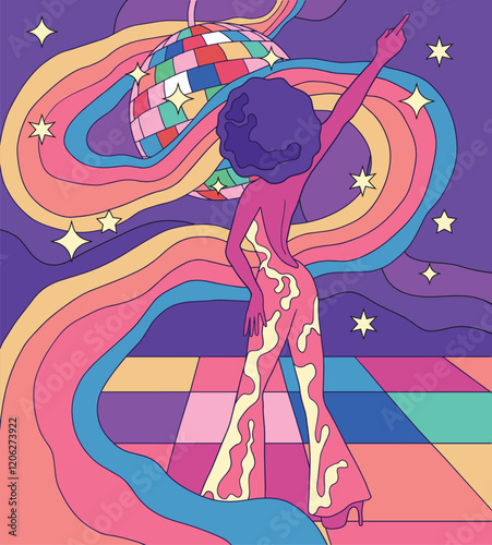 retro style, disco dance illustration, bright vibrant colors, dancing woman