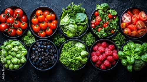Fresh fruits and vegetables in vibrant bowls
