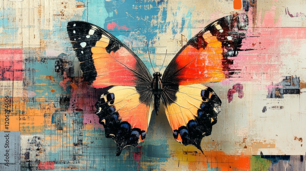 A stunning butterfly with vibrant orange and black wings perched on a colorful, textured graffiti-style background, showcasing the beauty of nature and urban art. A stunning butterfly with vibrant orange and black wings perched on a colorful, textured graffiti-style background, showcasing the beauty of nature and urban art.