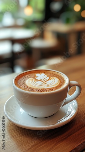 Coffee cup with latte art sits on wooden table in cozy cafe setting during da...