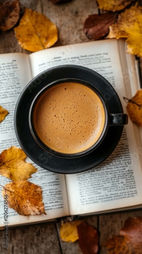 Cozy coffee moment with a cup and an open book on a textured surface