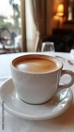 Coffee cup with latte art sits on wooden table in cozy cafe setting during da...